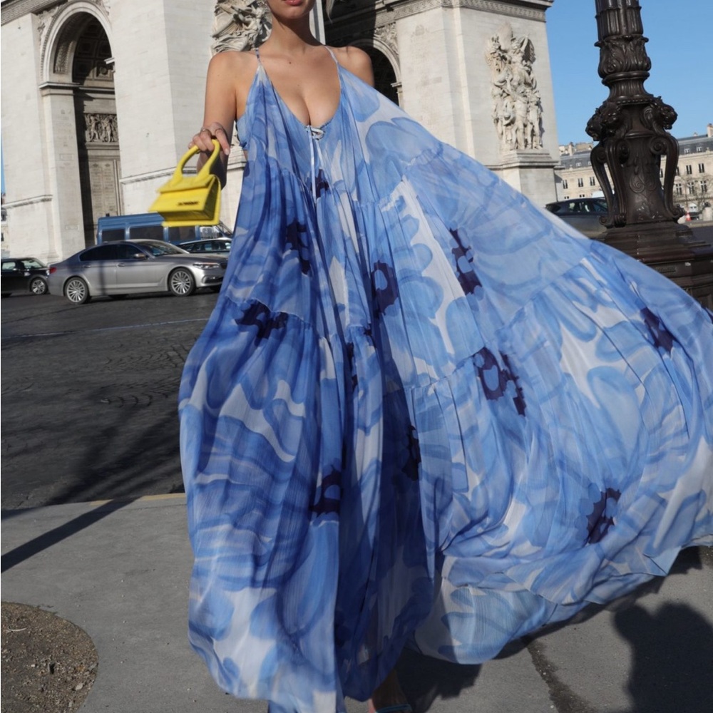 Blue Printed Spaghetti-Strap Maxi Dress